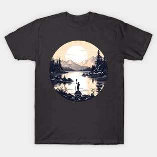 Peaceful Dawn Paddleboarding in Mountainous Lake Scene T-Shirt
